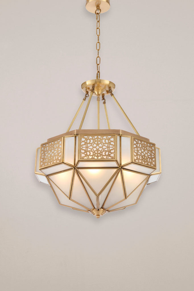 Brass pendant light showcasing an intricate lattice pattern