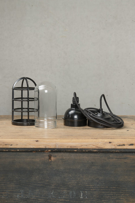 Clear glass trunk shot showing the black cage and pendant cord