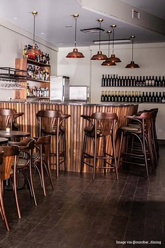 Copper factory pendant lights installed at ouzobar_dining over the bar