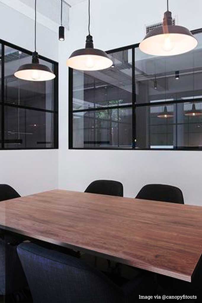 three station pendant lights over an office desk.