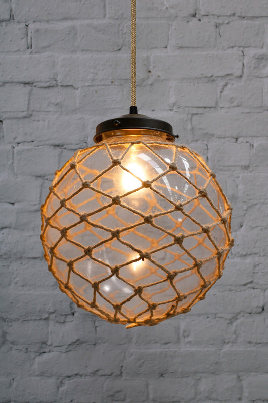 Large clear glass ball pendant with jute cord