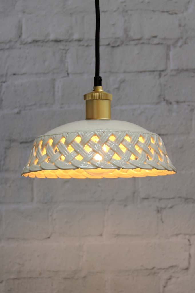 Ceramic pendant light with gold/brass cord