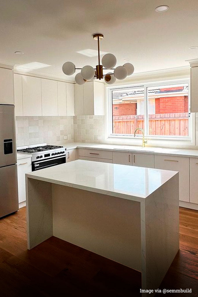 Banff Multi Light Pendant with 8 opal light shades over kitchen island