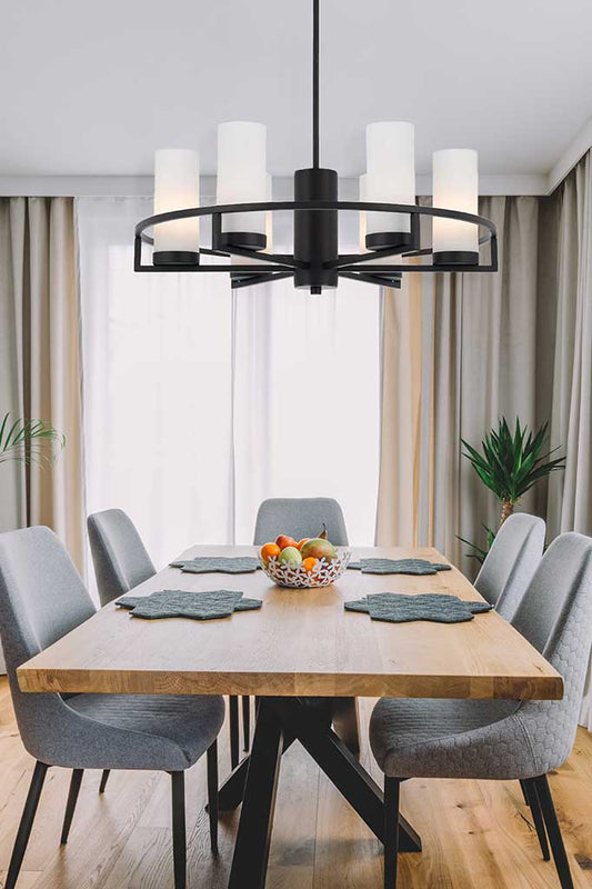 austin 6 light black chandelier over dining table