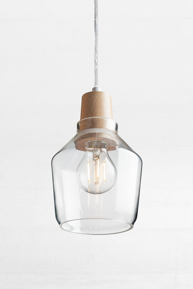 Wood top glass light pendant with led bulb