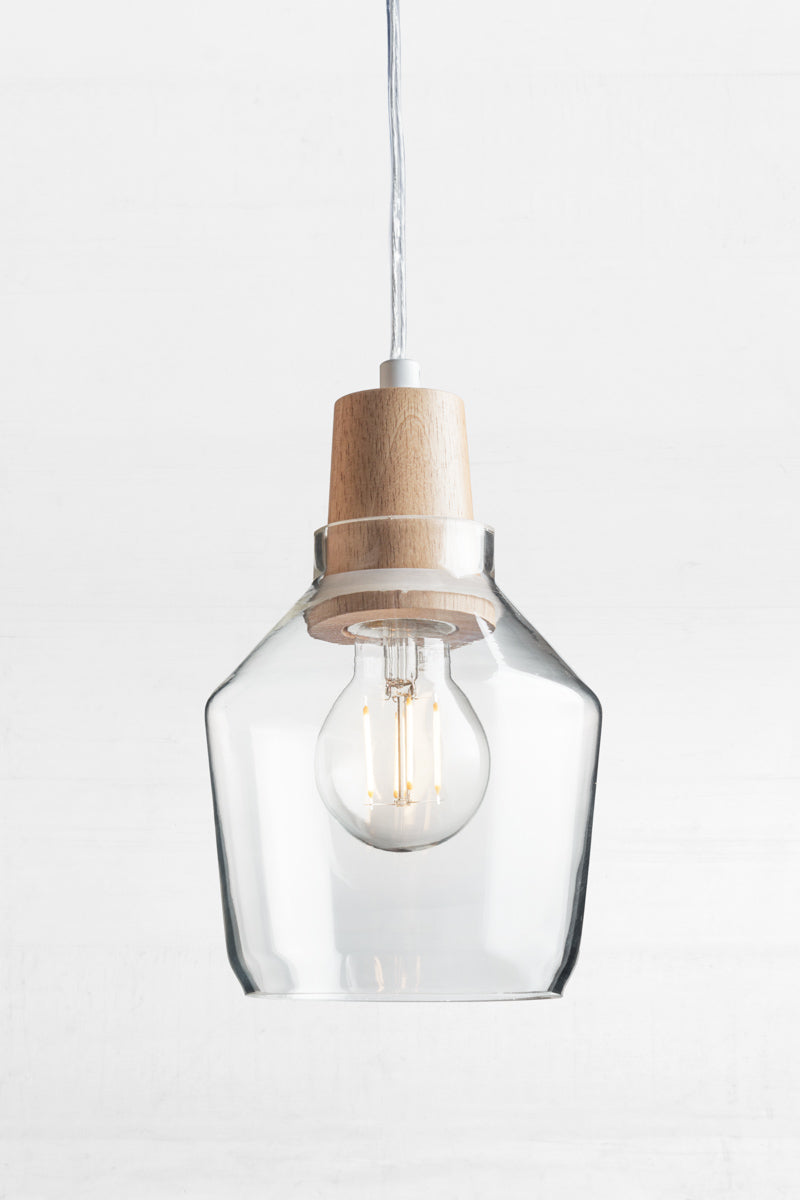 Small wood top glass light pendant with led bulb