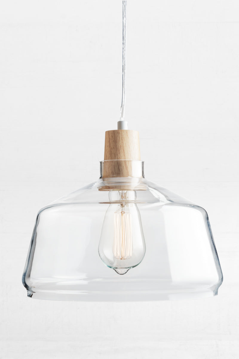 Wood top glass light with teardrop squirell cage edison bulb