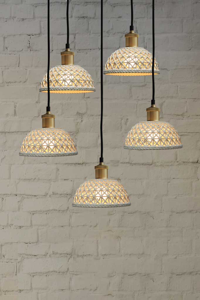 Gold brass 5-drop light chandelier featuring large ceramic shades