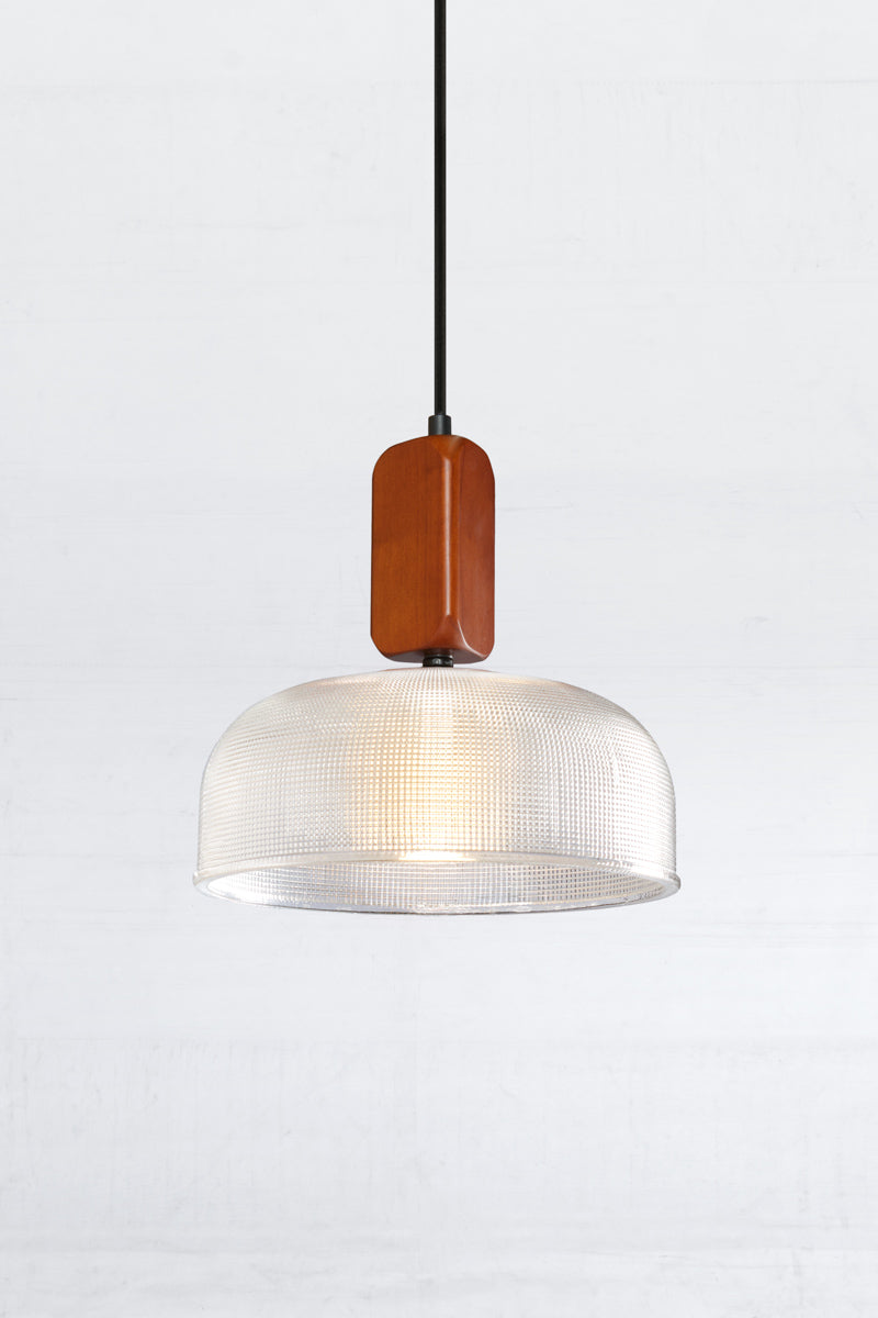 Large clear chapman shade with a woodblock pendant cord. 