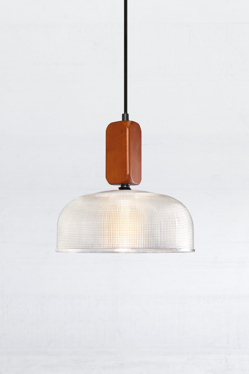 Large clear chapman shade with a woodblock pendant cord. 