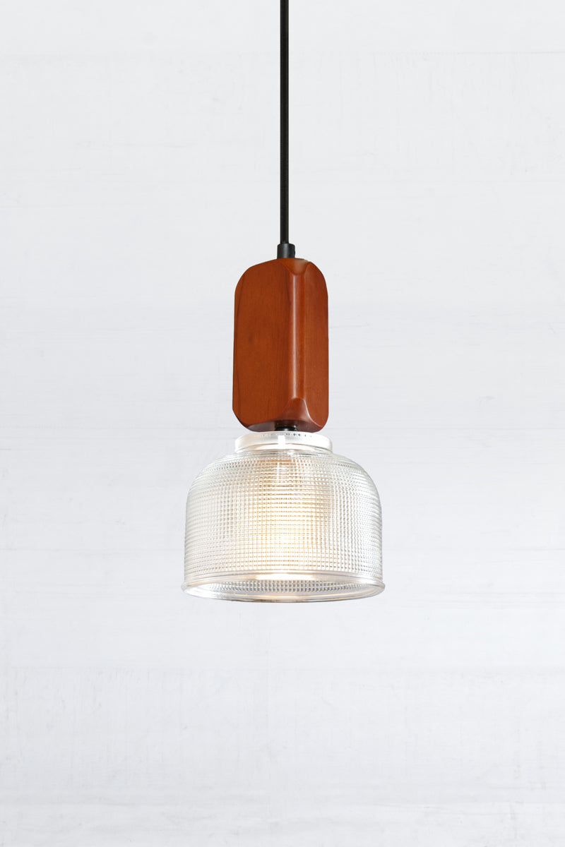 Small clear chapman shade with a woodblock pendant cord. 