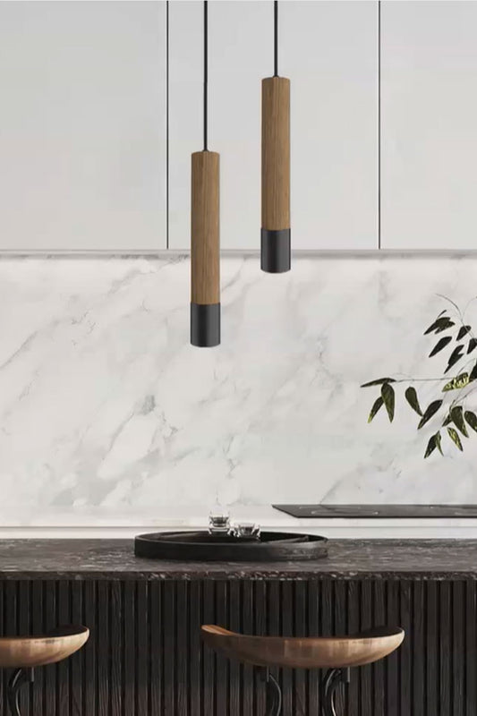 Two Pendant LED lights in natural wood and black finish over a kitchen benchtop.