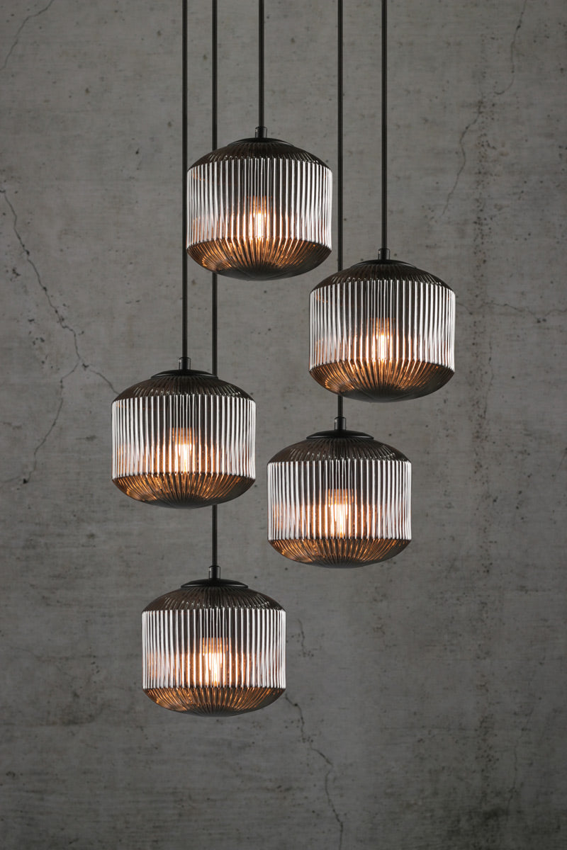 Steller Reeded Glass Multi Light Pendant grey 5 drop