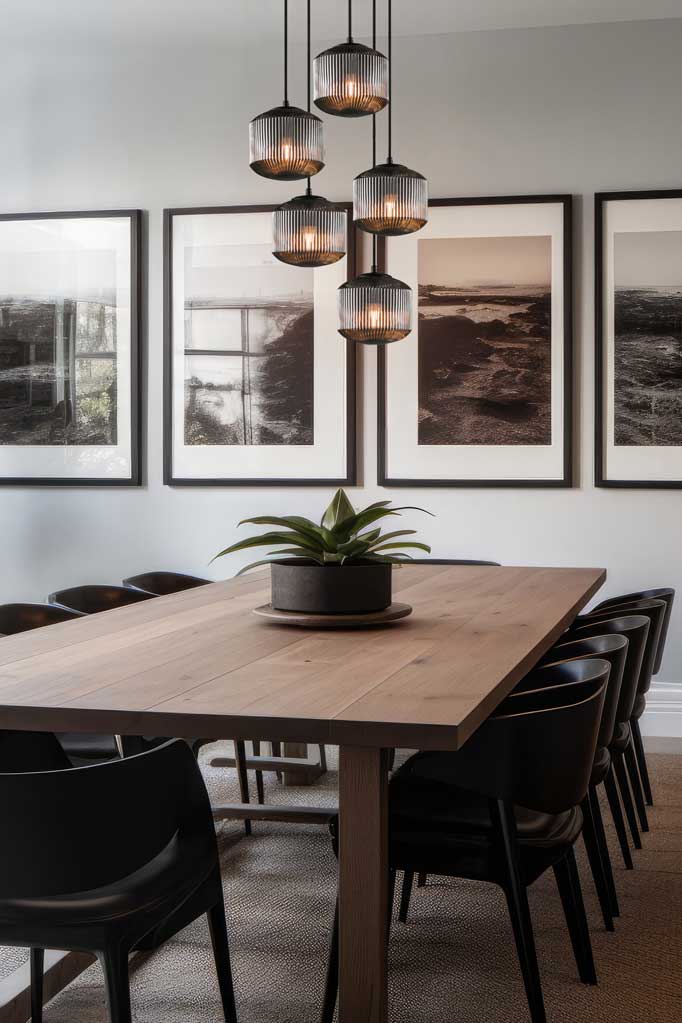 Five drop chandelier with smoke glass reeded shades in a dining space. 