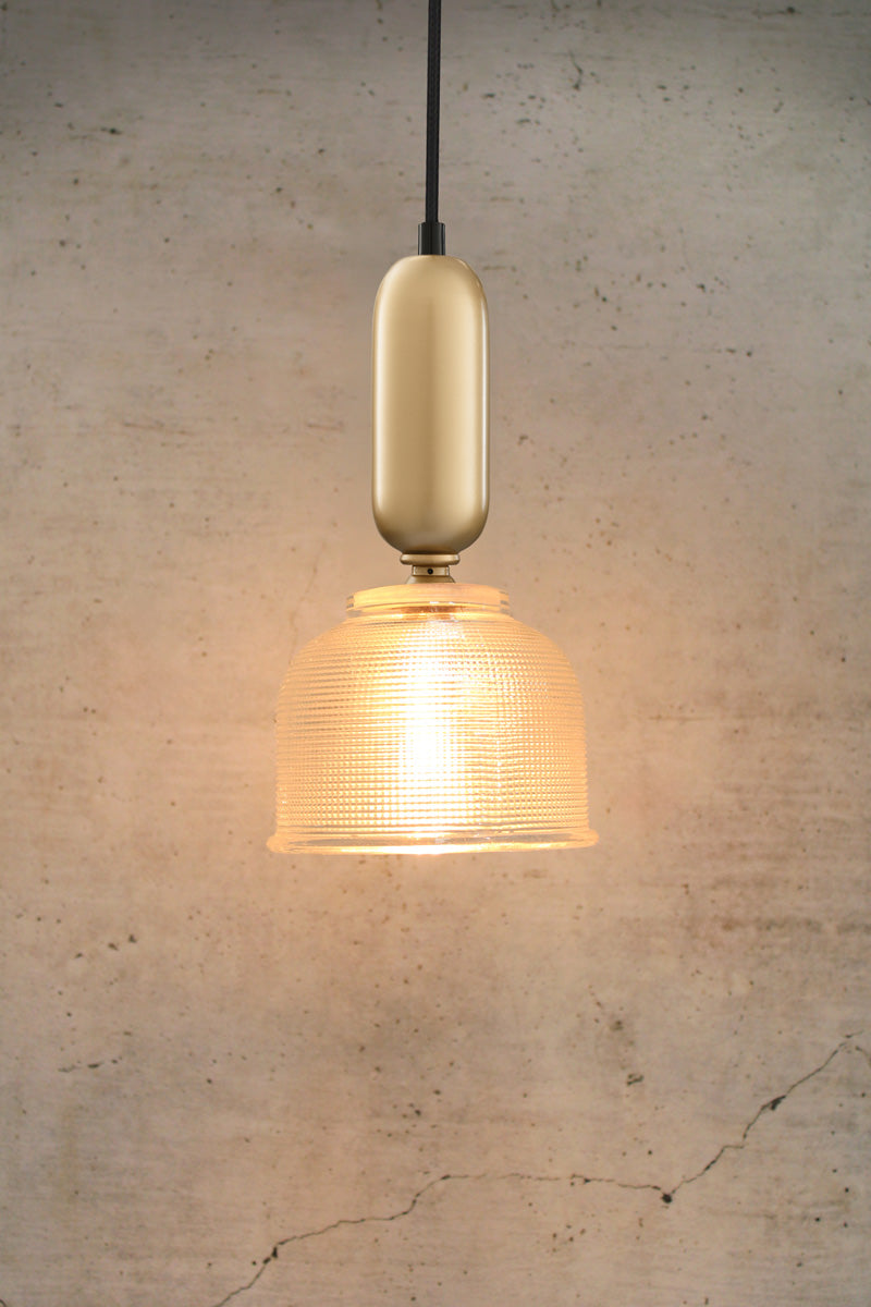 Small clear Chapman Pendant Light with gold tube.