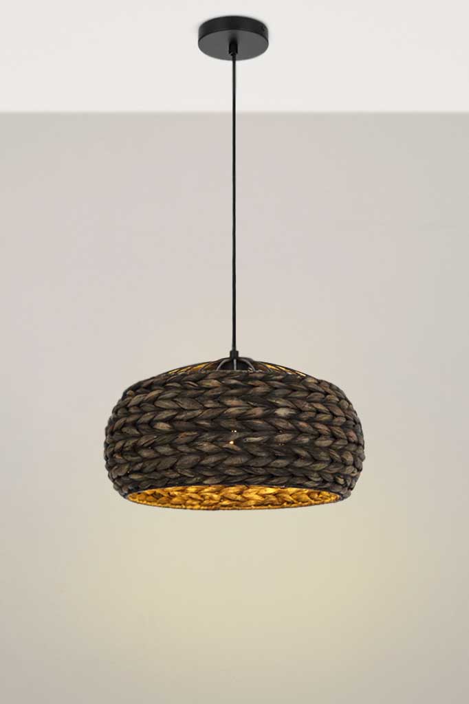 Small Botany rope pendant in black washed finish and black cord and ceiling rose.