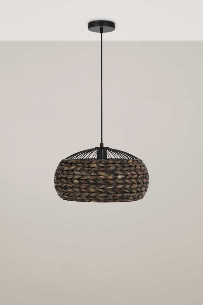 Small Botany rope pendant in black washed finish and black cord and ceiling rose.