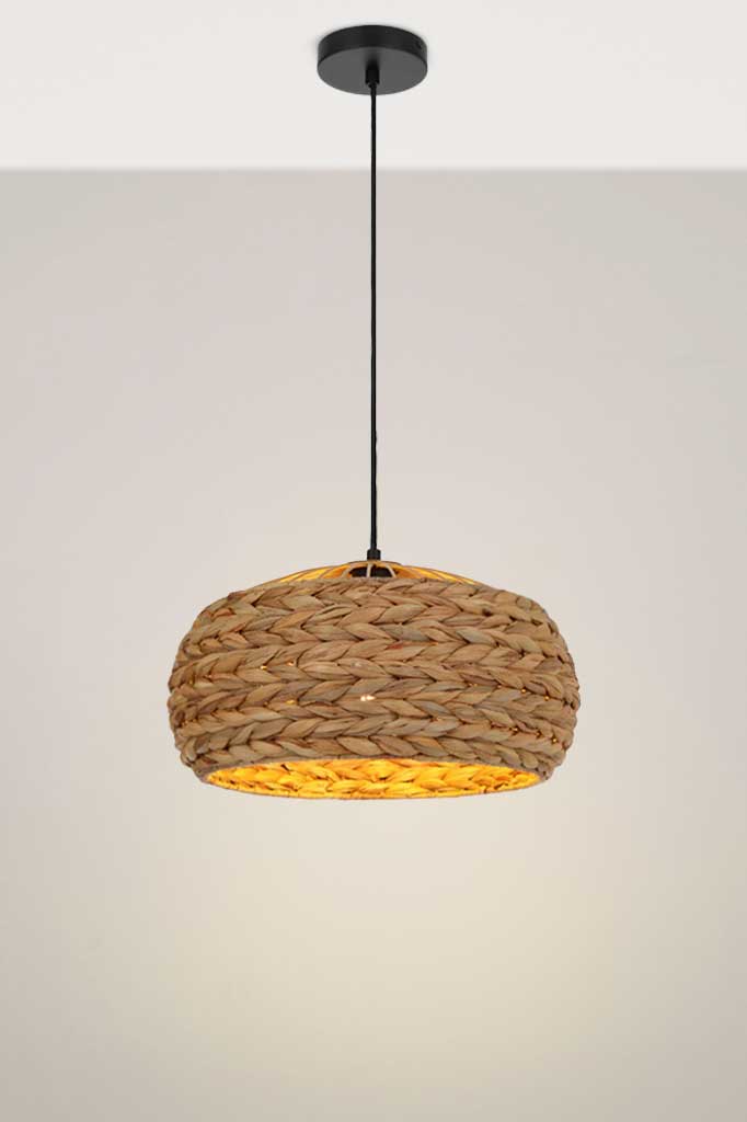 Small Botany rope pendant in natural finish and black cord and ceiling rose.