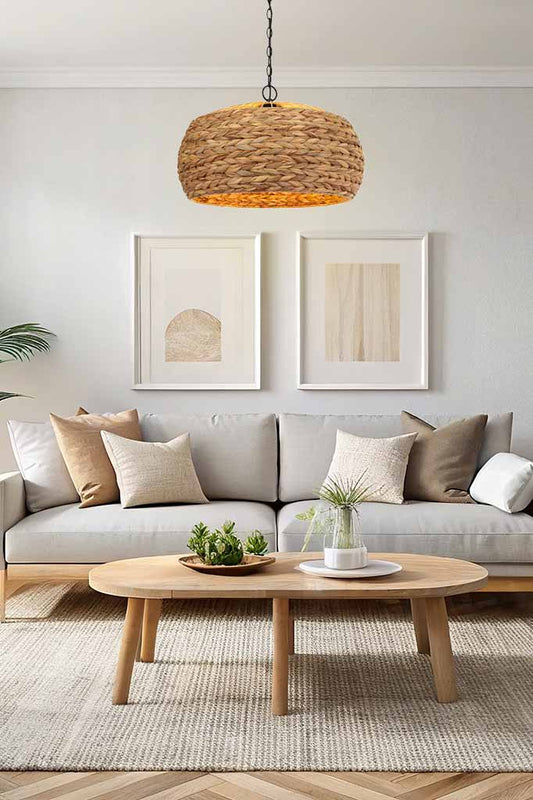 Large Botany rope pendant in a neutral toned living space. 