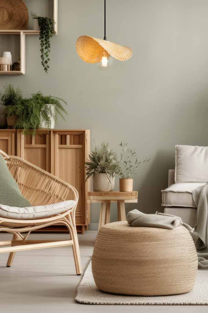 A woven bamboo pendant light hanging in a lounge with sage green walls and natural timer furnishings. 