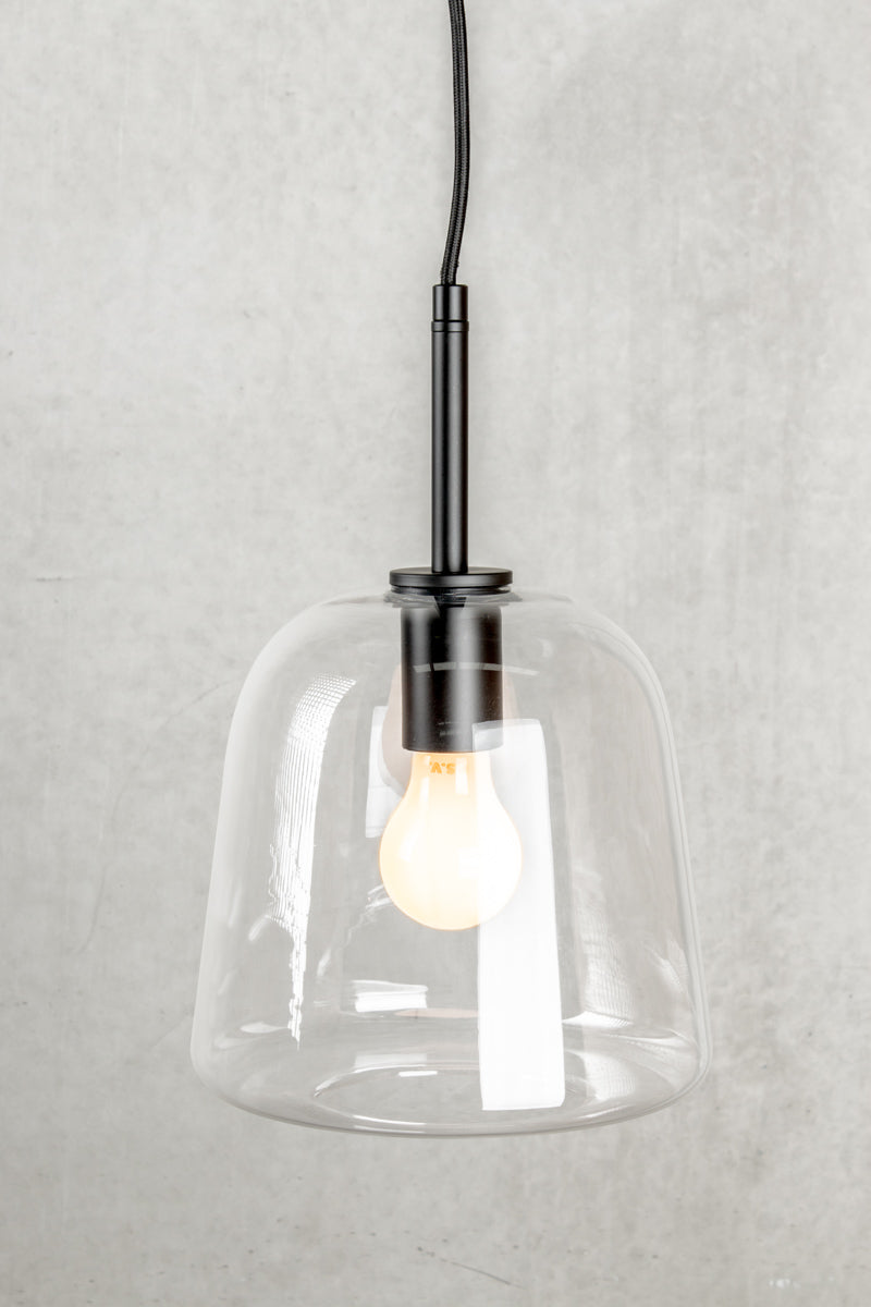 glass pendant light with a clear finish and black metalware