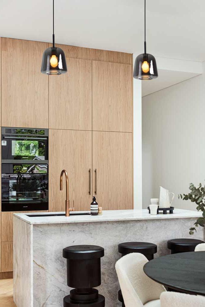 glass pendants over kitchen island