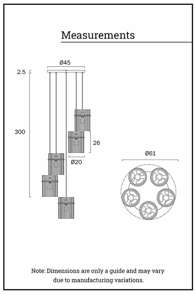 Diagram showing dimensions of the Chrysler 5 shade Chandelier.  