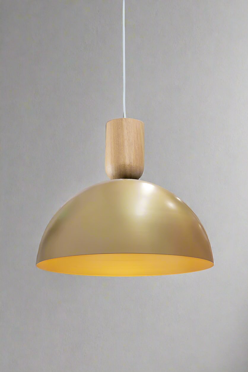 wooden blocks hanging with large steel gold/brass dome shade