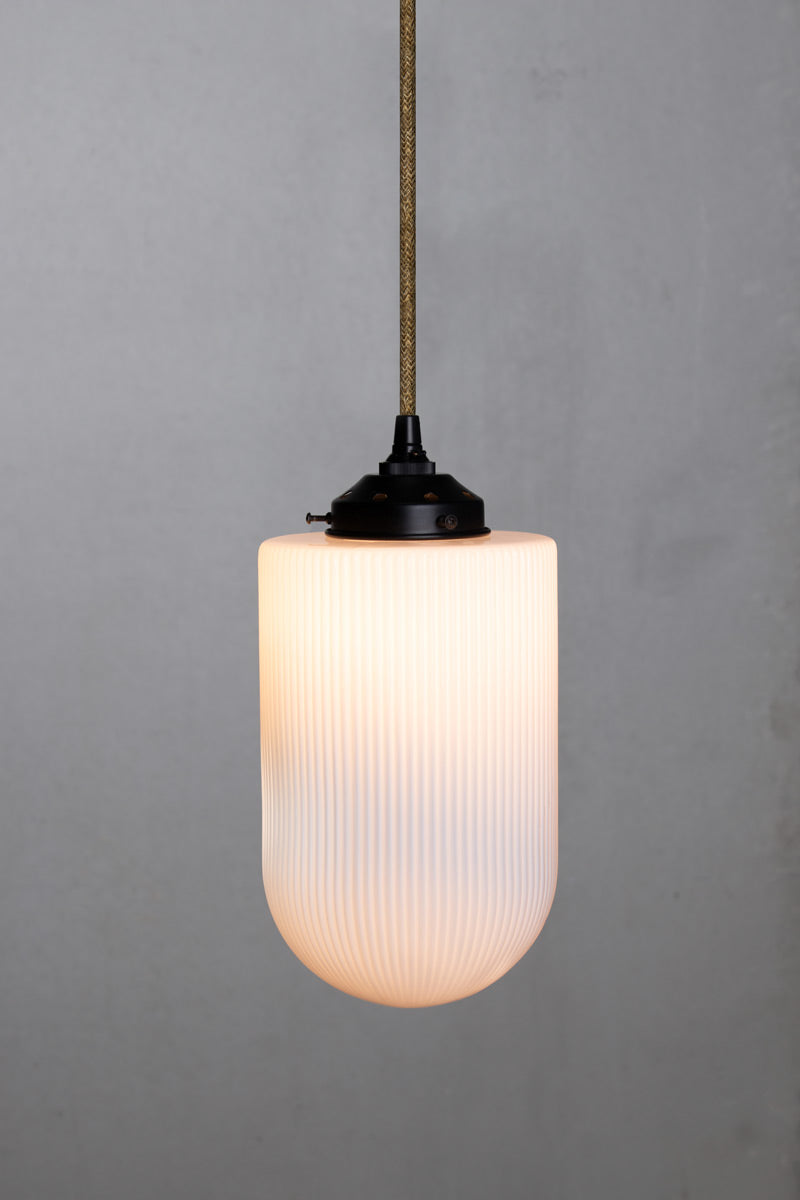 Lloyd Reeded Glass Pendant Light opal on jute cord