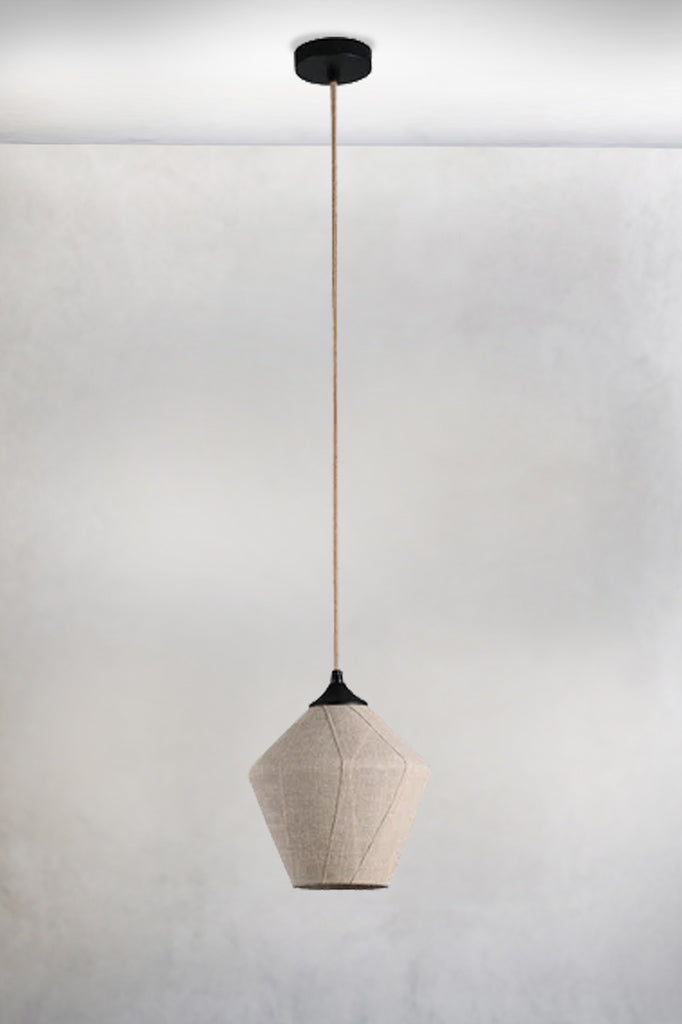 Open diamond pendant light with a linen finish and the light off- Variant B