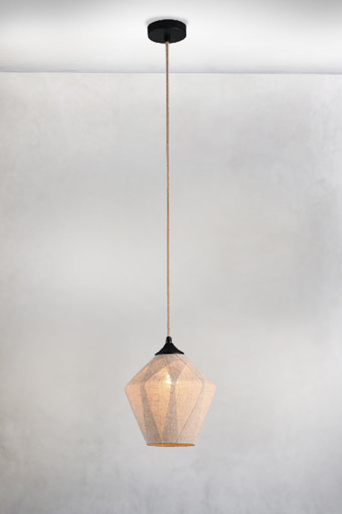 Open diamond pendant light with a linen finish and the light on- Variant B