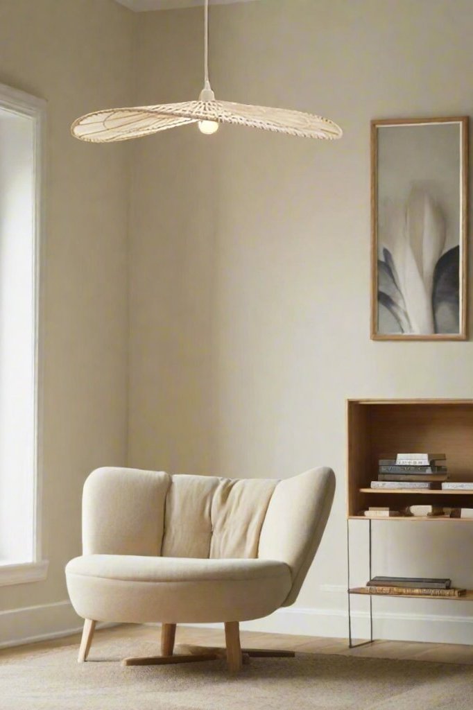 Bamboo light shade on a white cord over a plush chair