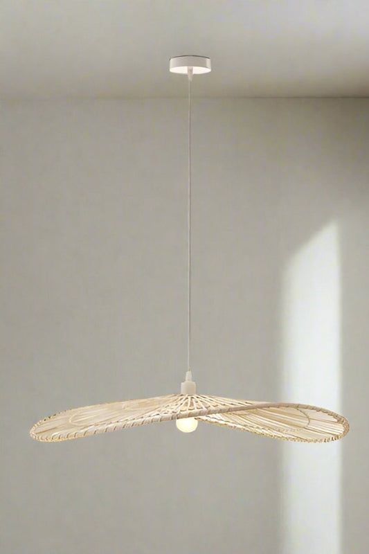 Circular bamboo light shade on a pendant cord