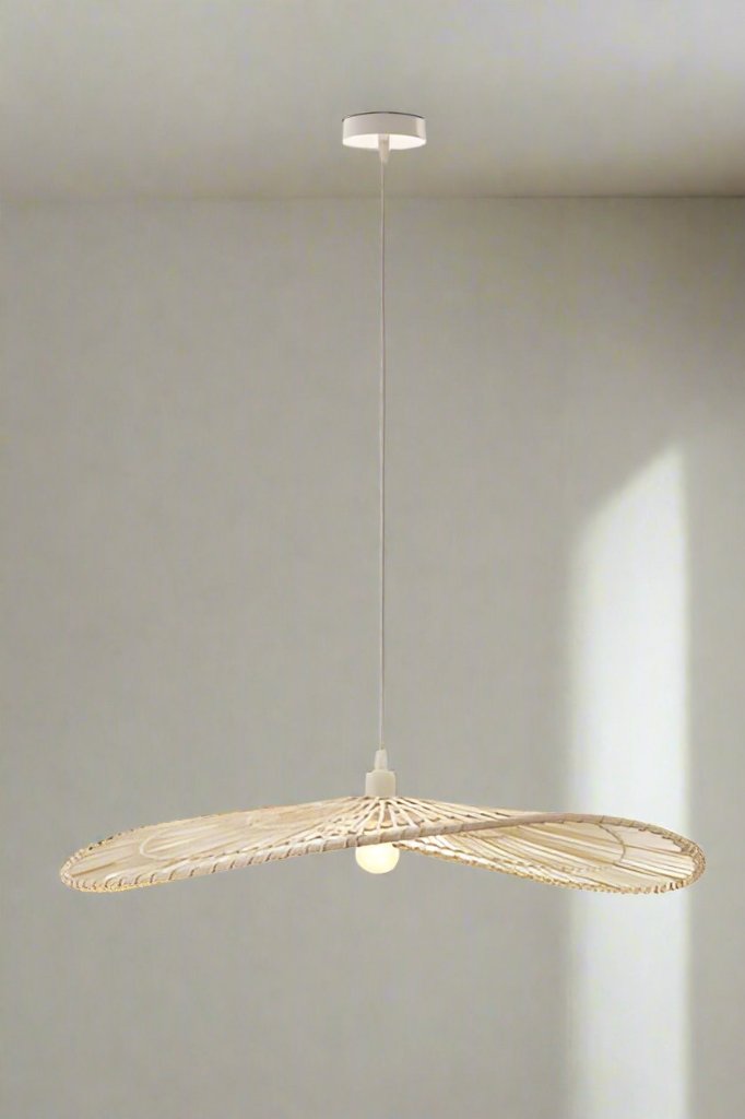 Circular bamboo light shade on a pendant cord