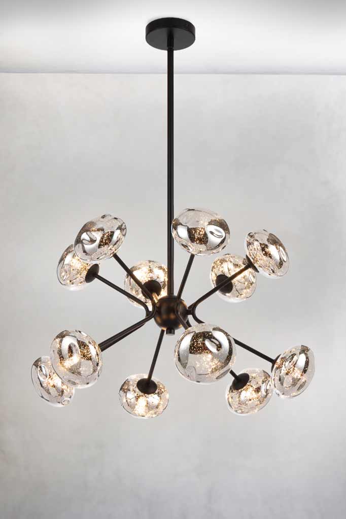 12 light glass chandelier with black fixture.