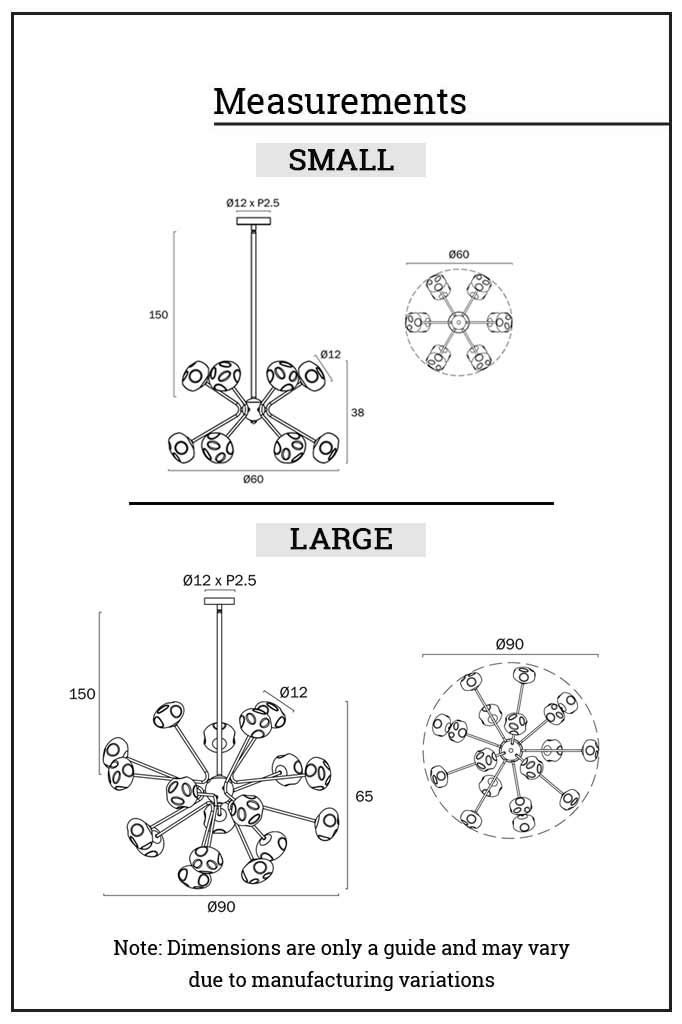 Dimension illustration of the Kingsley Glass Chandelier in small and large. 