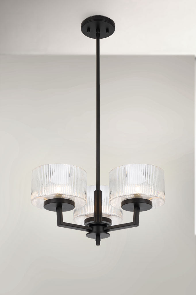 Aalto Reeded Glass Chandelier with three shades in black.