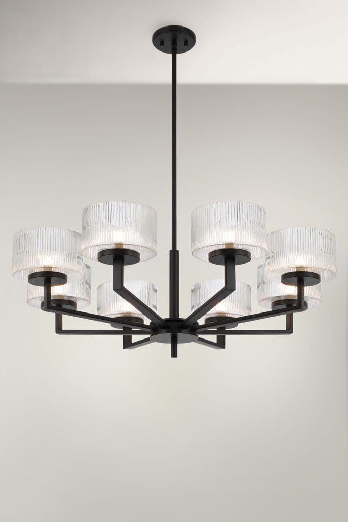 Aalto Reeded Glass Chandelier with eight shades in black.