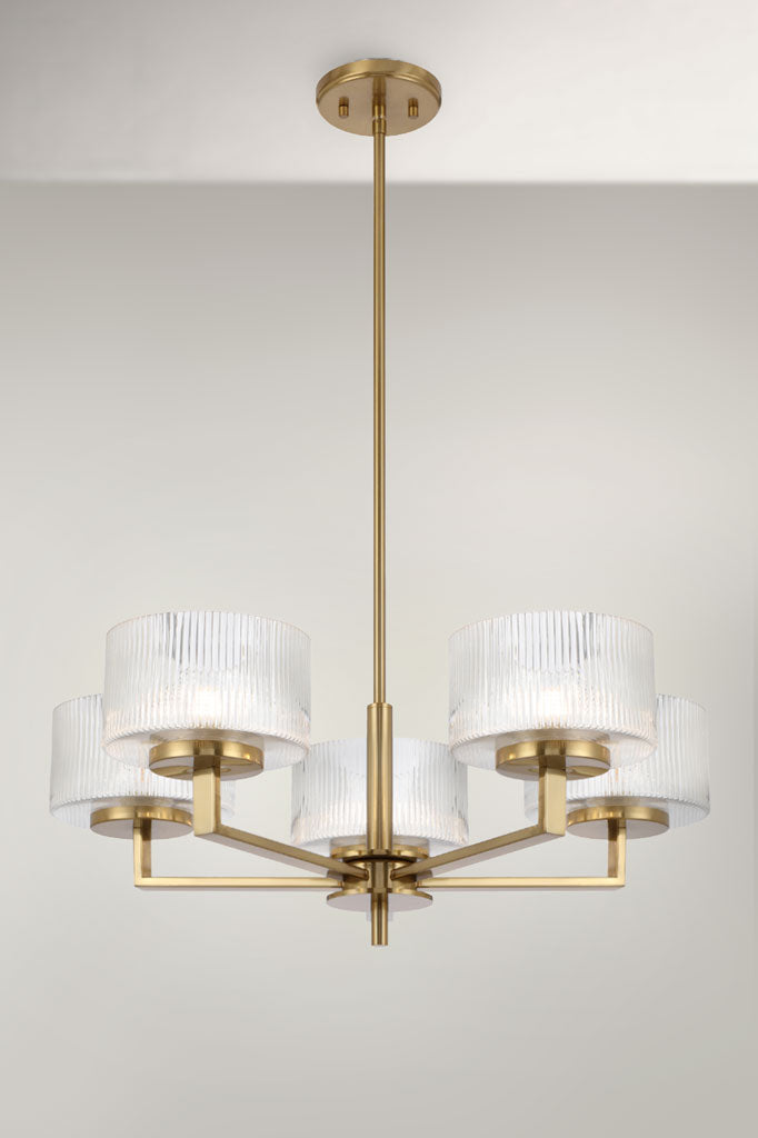 Aalto Reeded Glass Chandelier with five shades in antique gold.