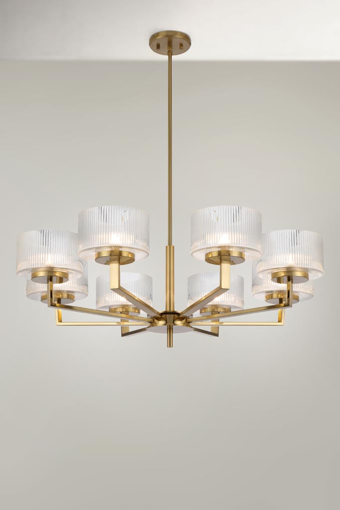 Aalto Reeded Glass Chandelier with eight shades in antique gold.