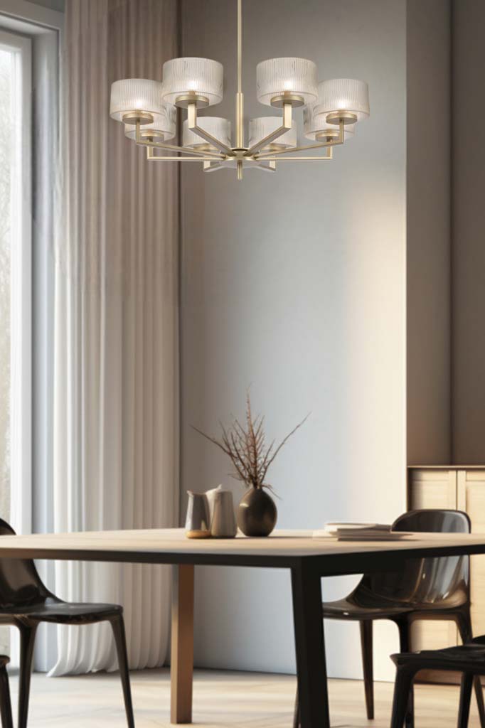 Aalto Reeded Glass Chandelier with eight shades in antique silver in a dining space.