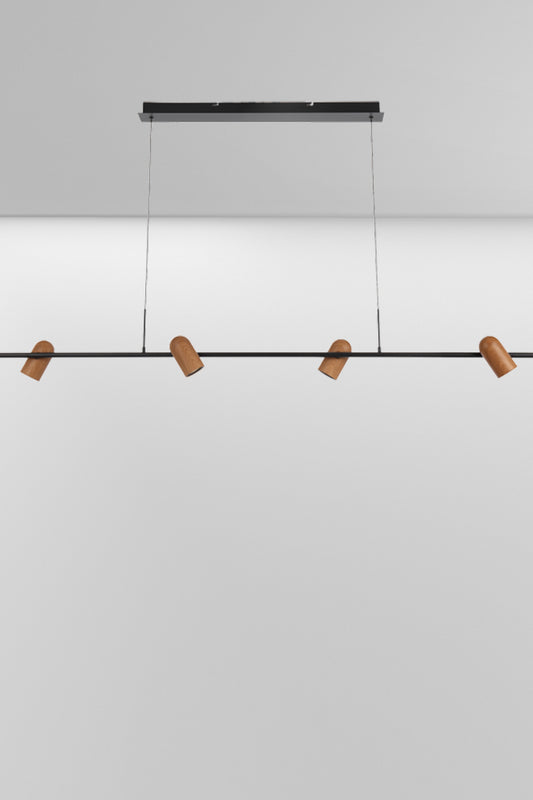 Black linear pendant with 4 wood look shades. 