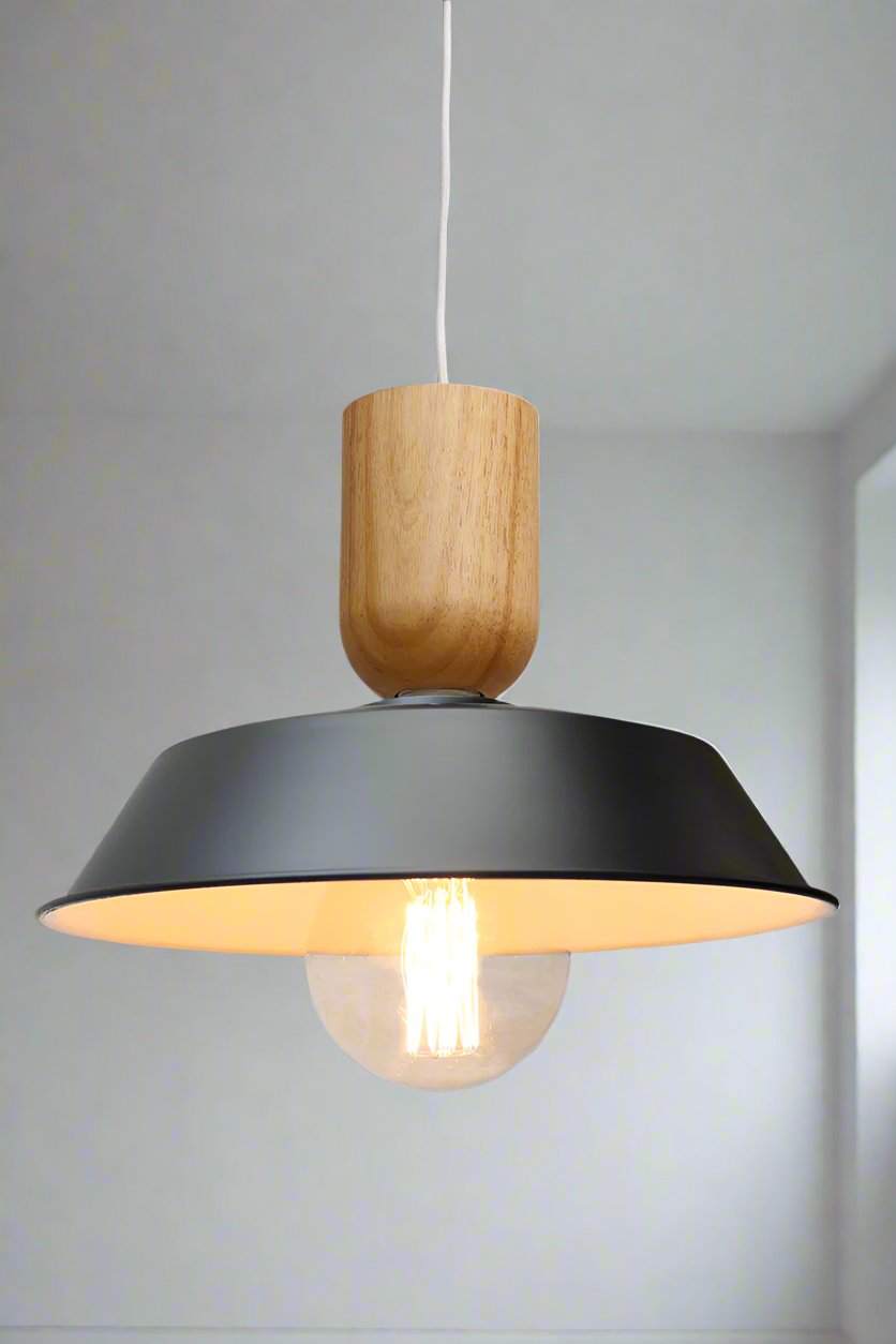 Black shade pendant with timber detailing. 