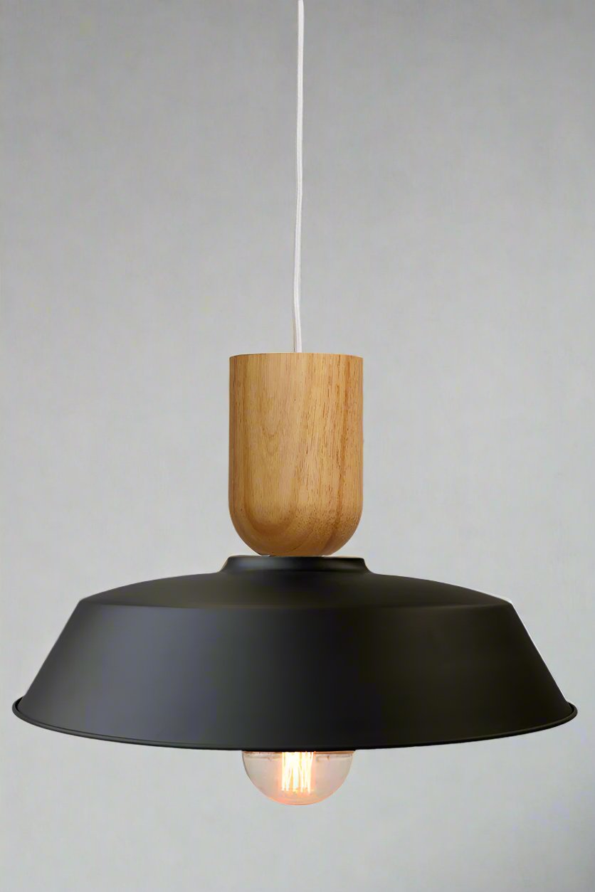 Black shade pendant with timber detailing. 