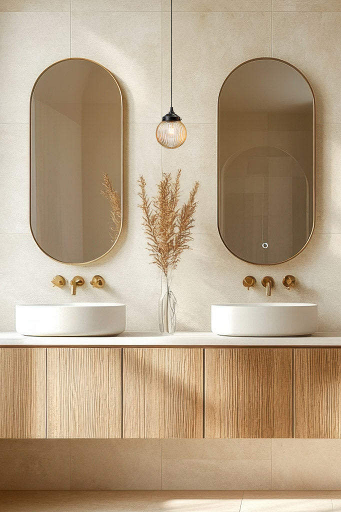 An amber reeded glass ball shades on a blackeIP rated pendant cord in a neutral bathroom. 