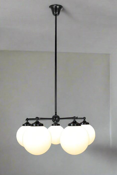 Black 5 straight arm chandelier with medium opal shades. 