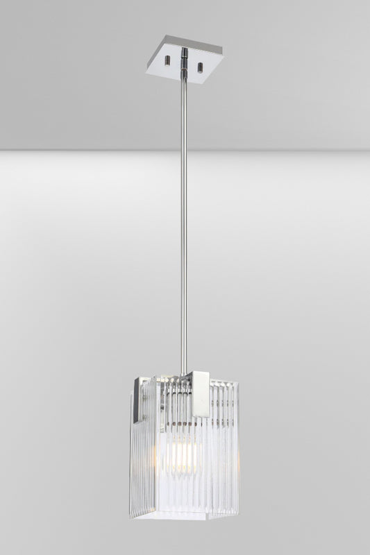 One light Chrome pendant light with reeded glass panels. 