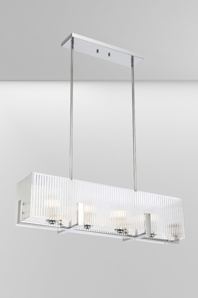 Angled look at the four light Chrome pendant rectangular light with reeded glass panels. 