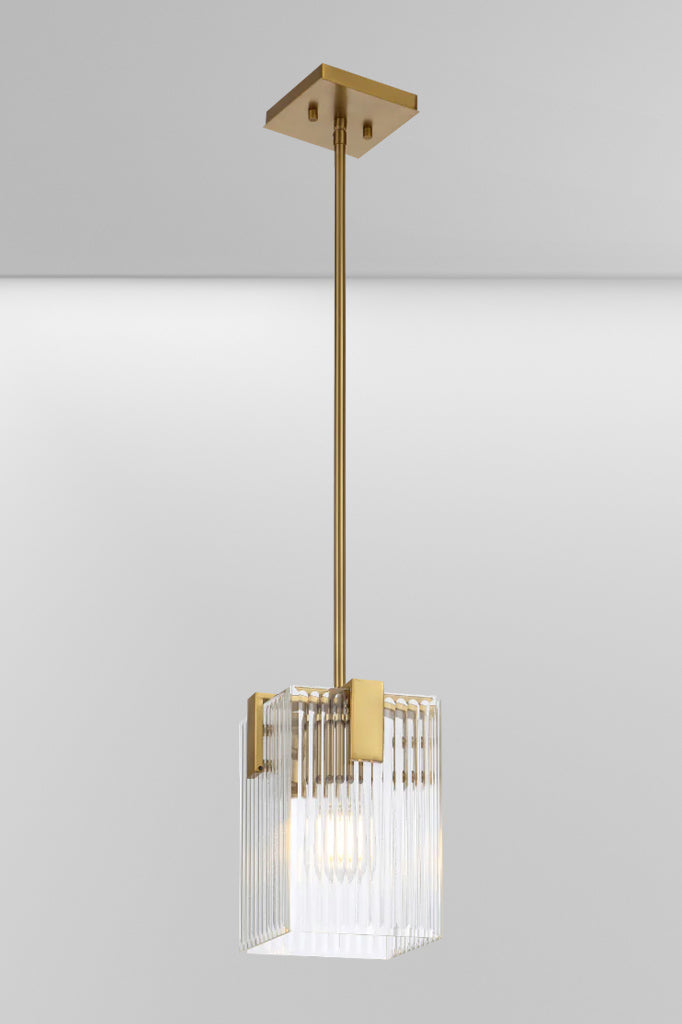 One light Antique Gold pendant light with reeded glass panels. 