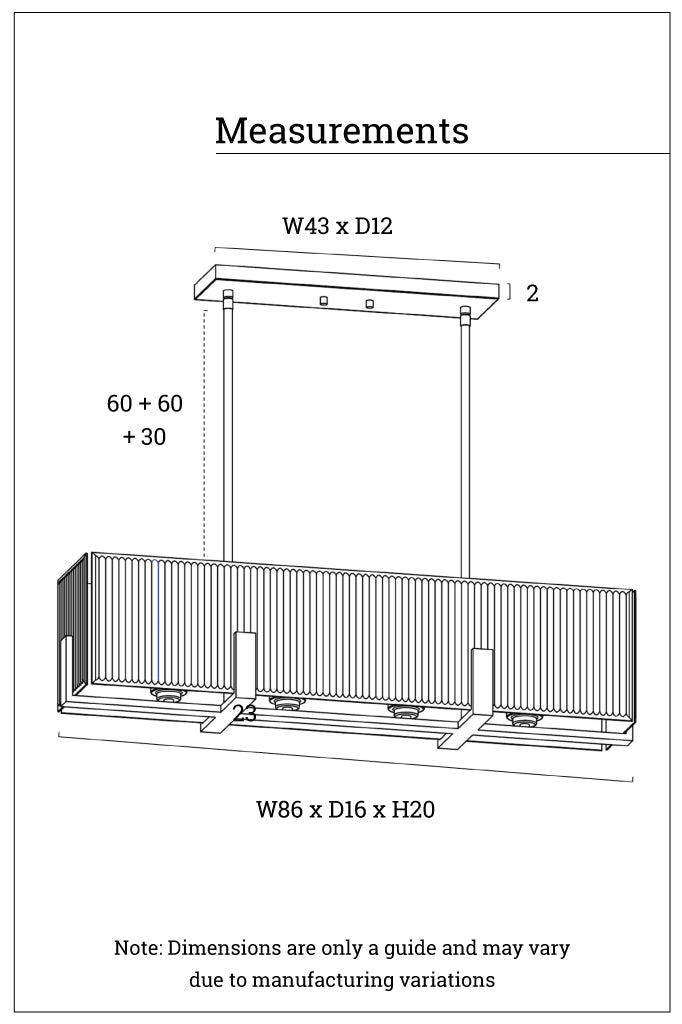 Dimension illustraion for four light pendant.